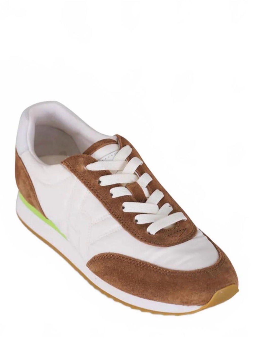 Veronica Beard White and Brown Suede-Trim Sneaker with Lime Accent